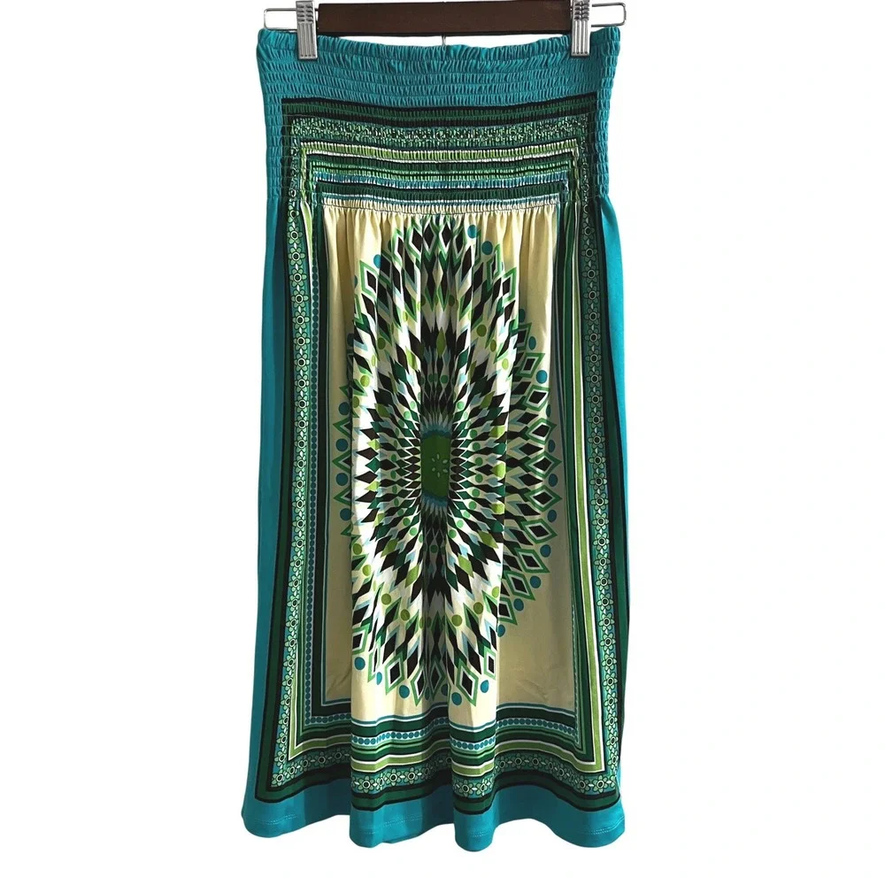 Bailey Blue Womens Teal Green Medallion‎ Smocked Strapless Tube Dress Midi M